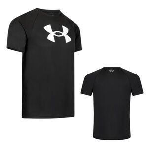 New UA Boys Black Tech Big Logo Shirt Easy Care Soft Short Sleeve Tee YXL NWT